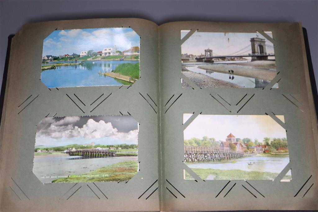 A Victorian leather bound postcard album, containing approximately 285 postcards, topographical